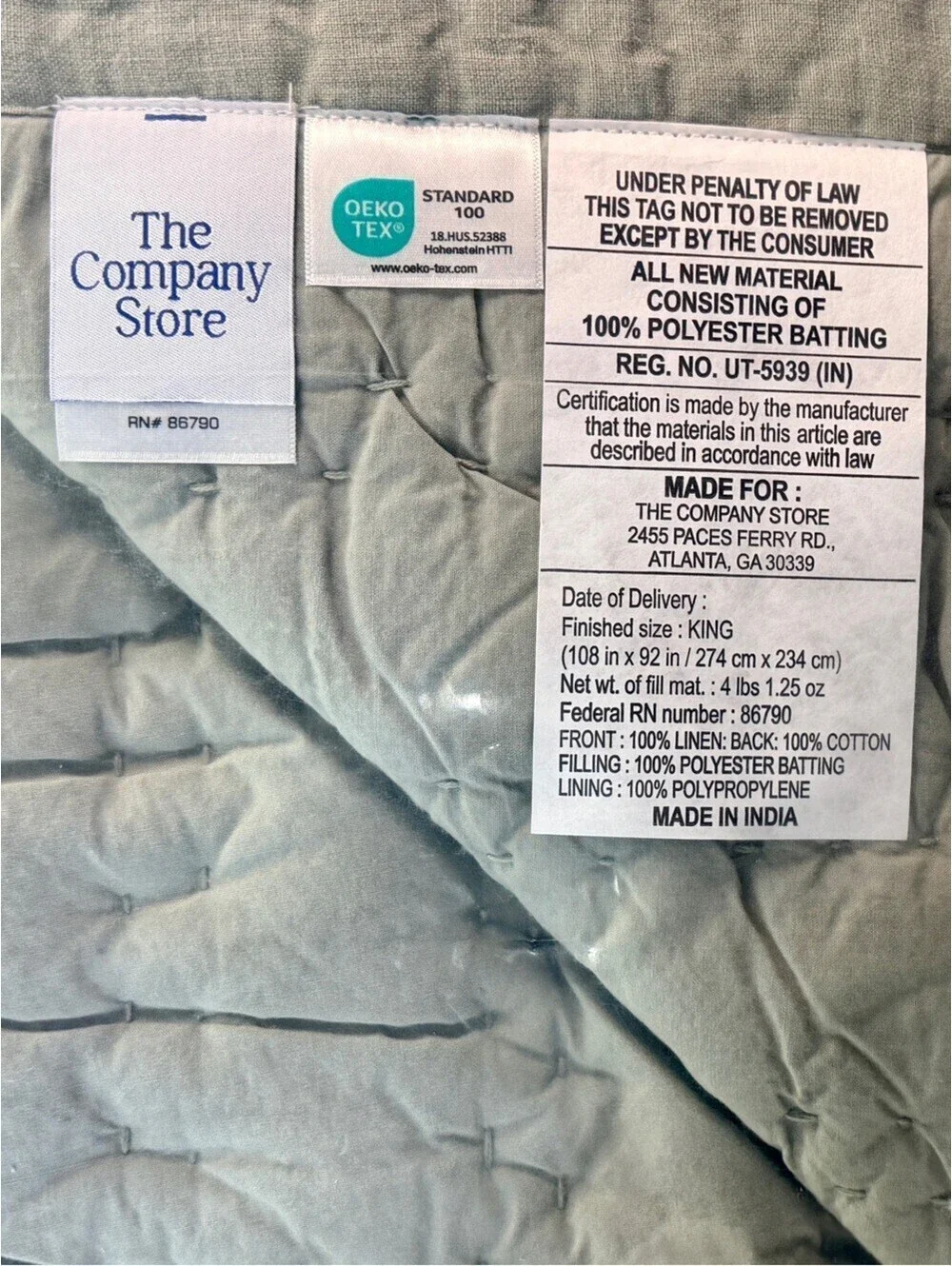 The Company Store Legends Hotel Washed Linen Quilt King Moss Green